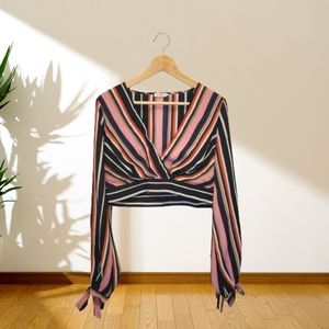 Black, burgundy, pink, orange & white stripped wrap-style cropped blouse